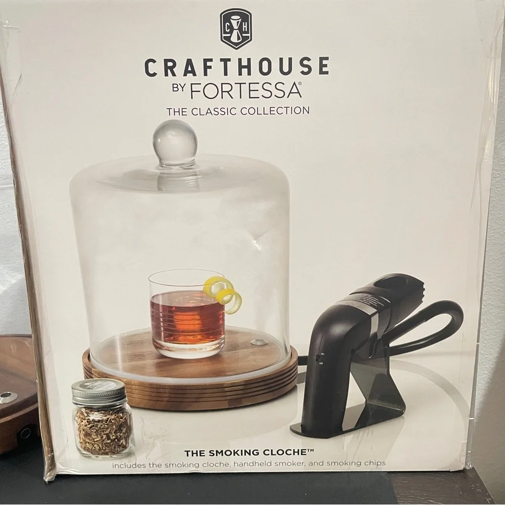 Open Box Crafthouse by Fortessa‎ Smoking Cloche Glass Wood Base Handheld Smoker